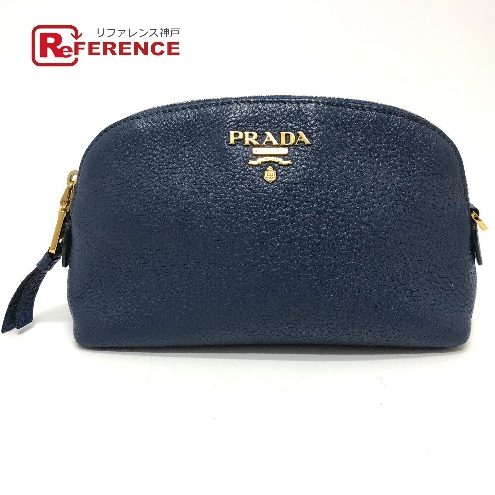 Prada Cosmetic Pouch Clutch Leather Blue